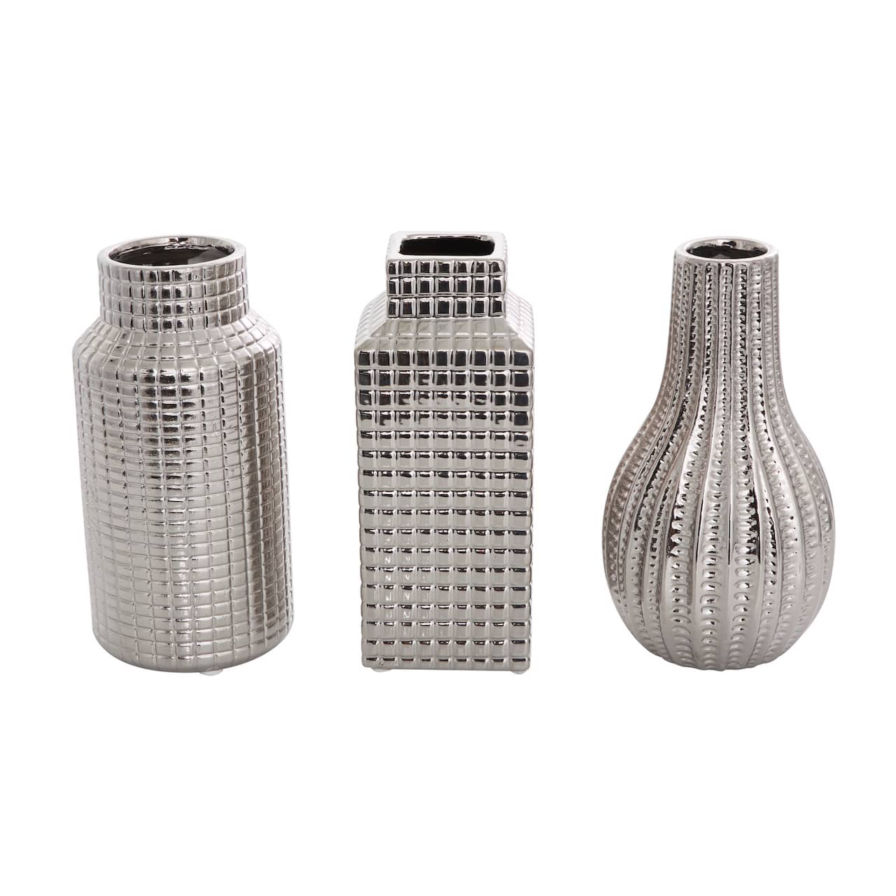 Silver Ceramic Geometric Dimensional Textured Vase Set with Varying Shapes & Grid Patterns
